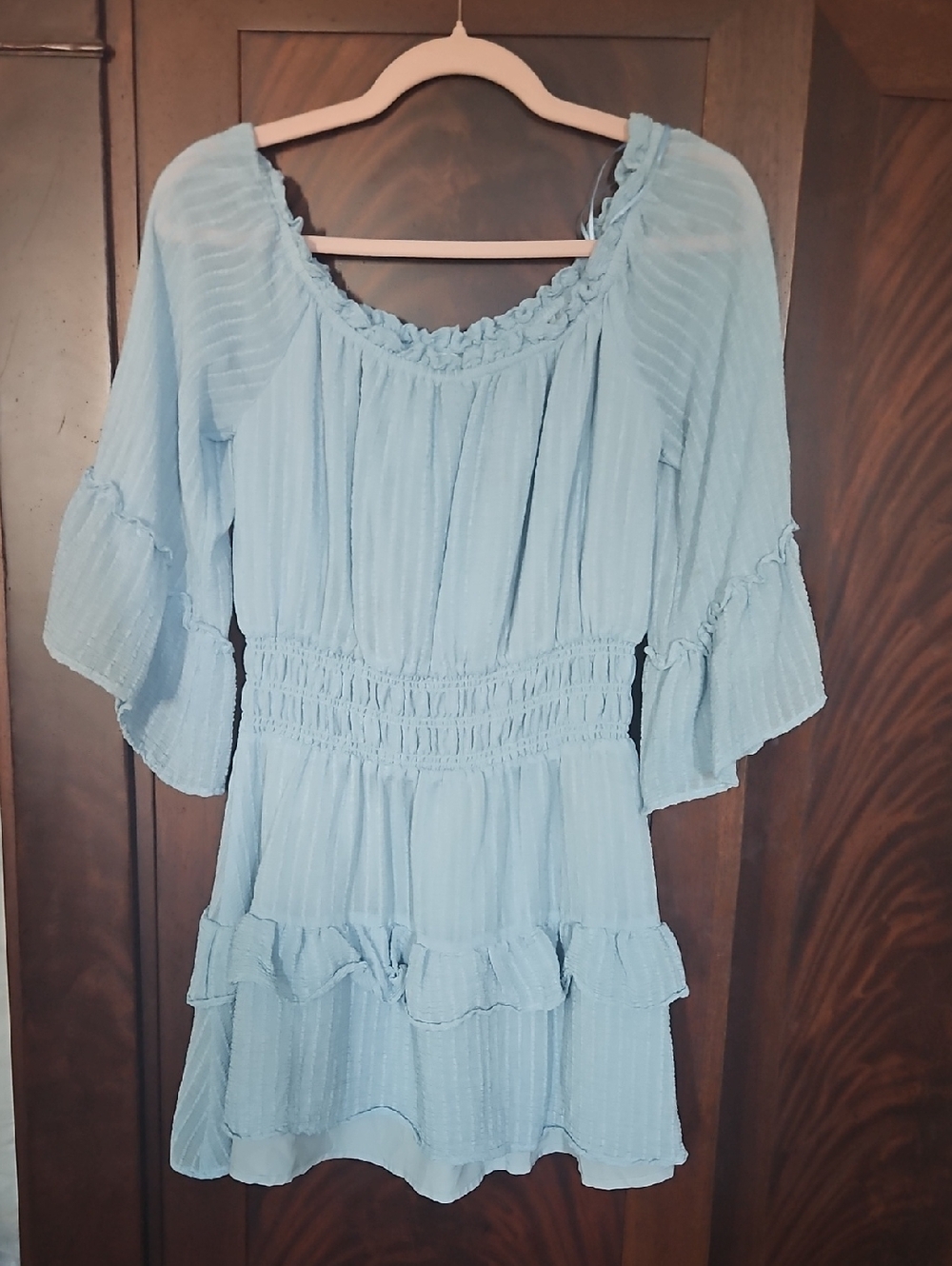 Le Lis Light Blue Smocked Waist Ruffle Mini Dress